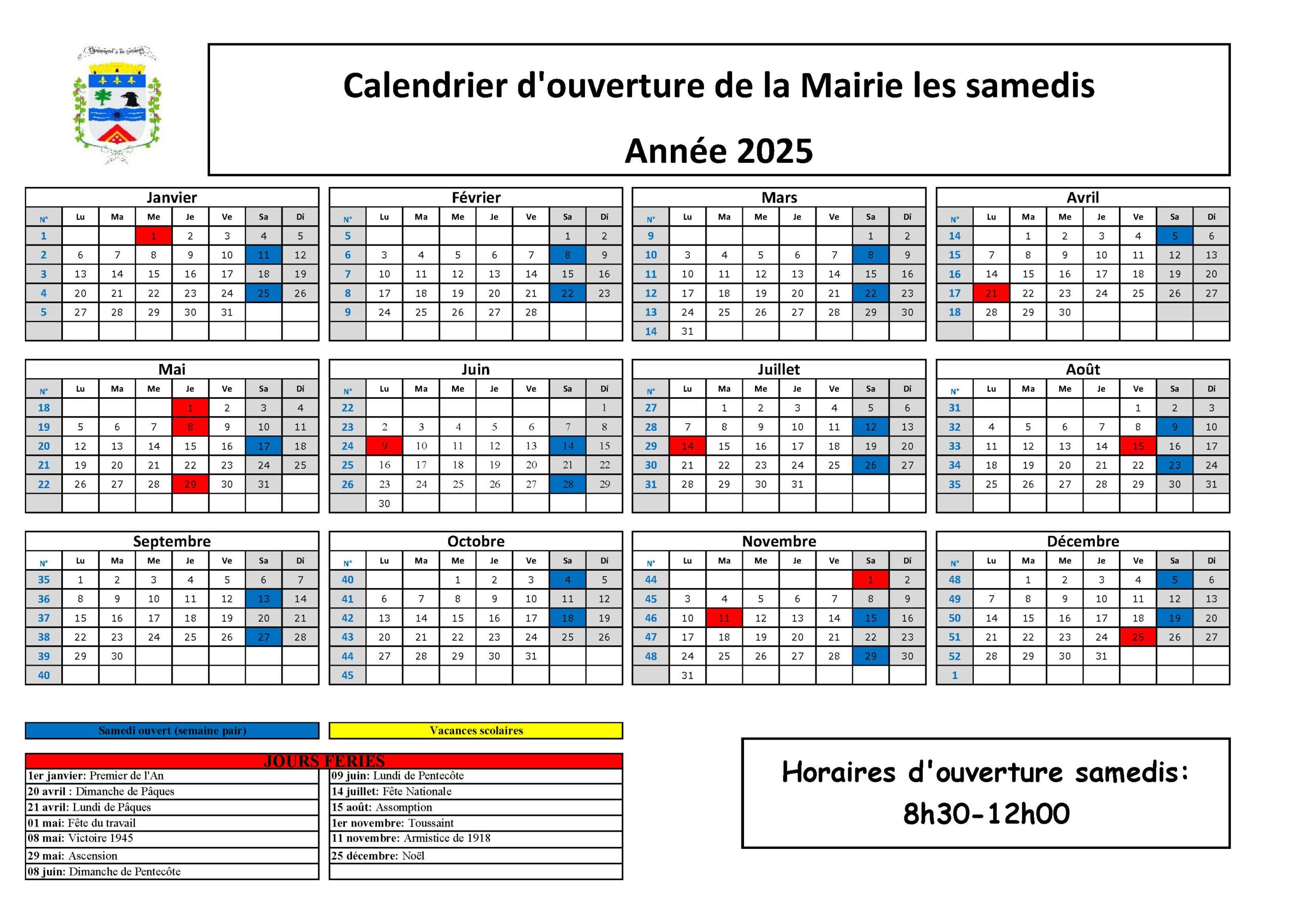 ✅️ Calendrier 2025 des ouvertures les samedis