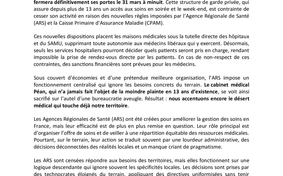 🚨 Lettre d’information de Monsieur le Maire sur la fermeture prochaine du cabinet médical Péan de Chaumontel