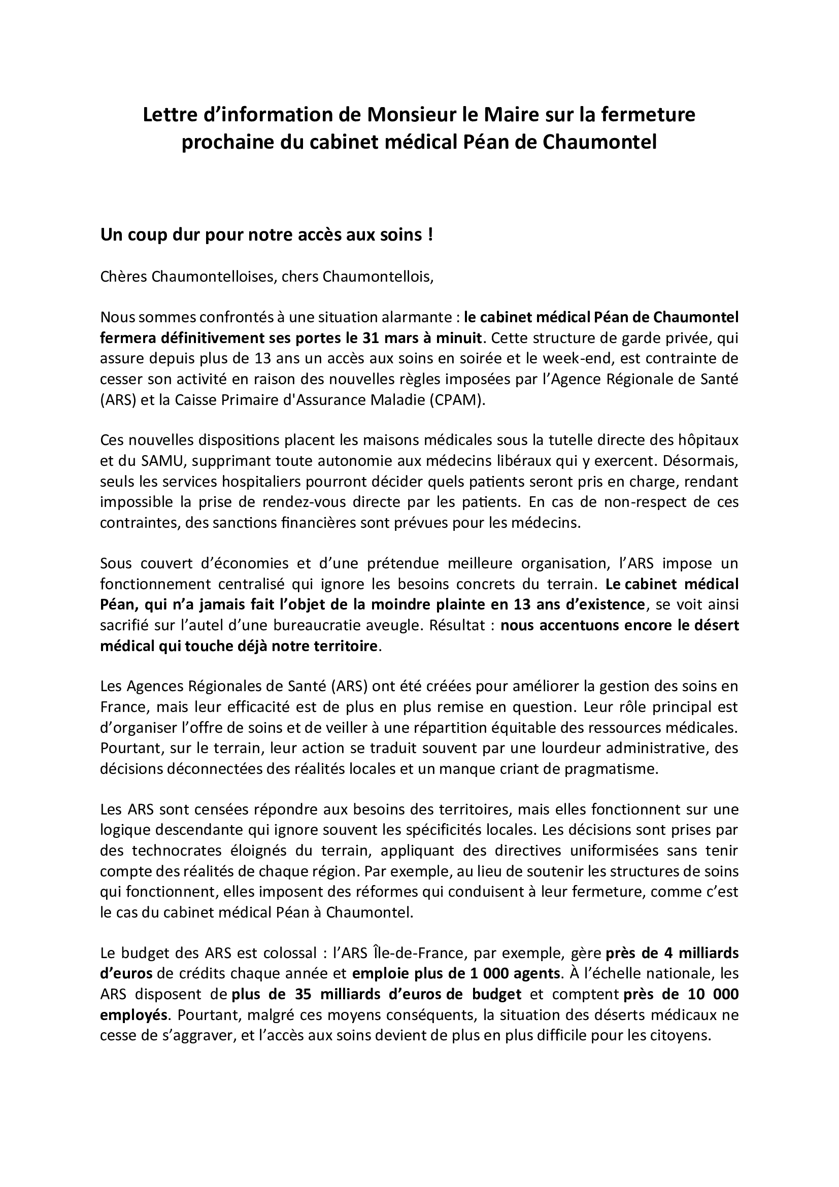 🚨 Lettre d’information de Monsieur le Maire sur la fermeture prochaine du cabinet médical Péan de Chaumontel