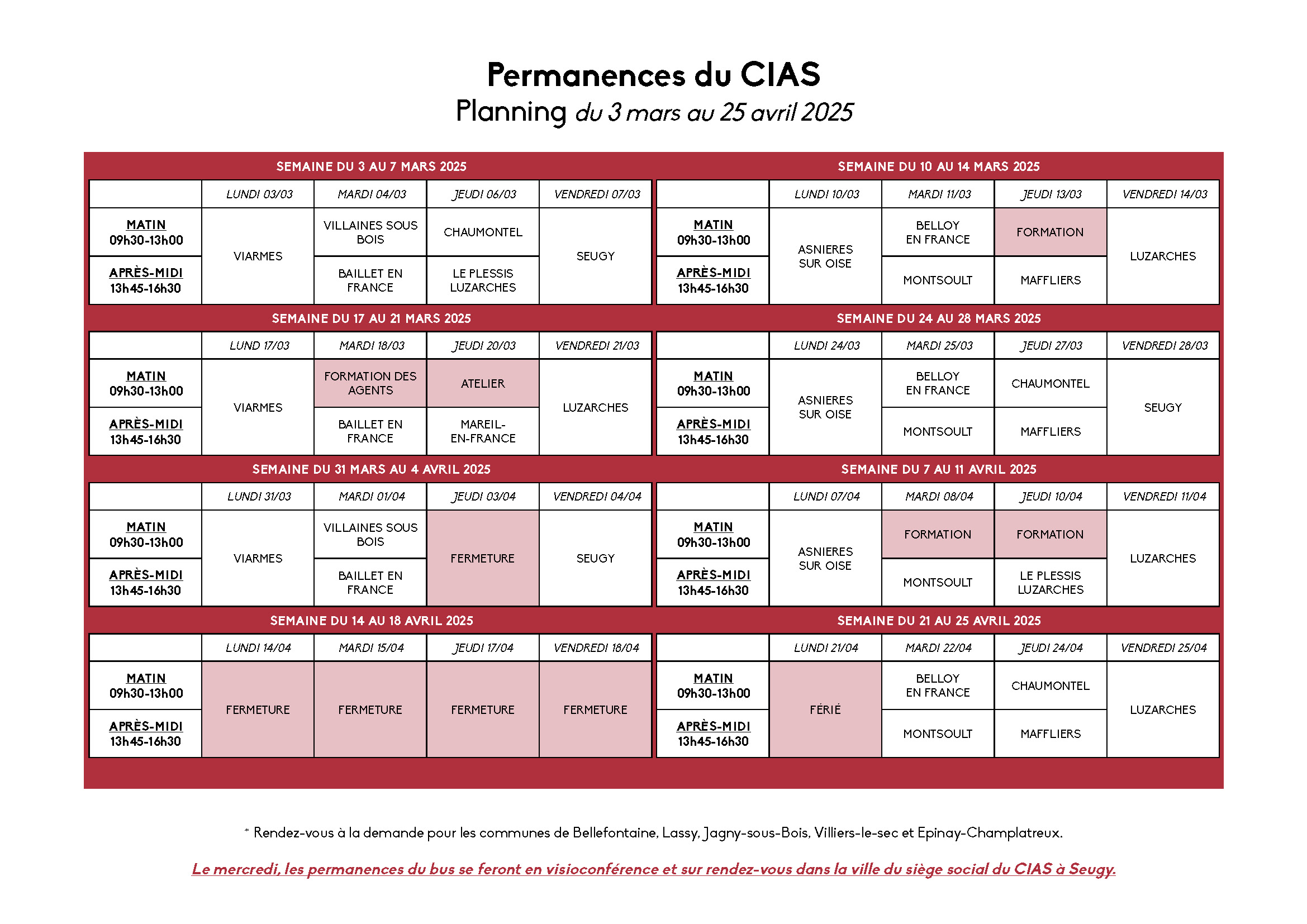 CIAS – Planning du 3 mars au 25 avril