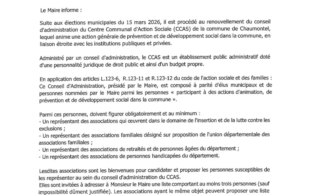 APPEL A CANDIDATURES CENTRE COMMUNAL D&rsquo;ACTION SOCIALE :
