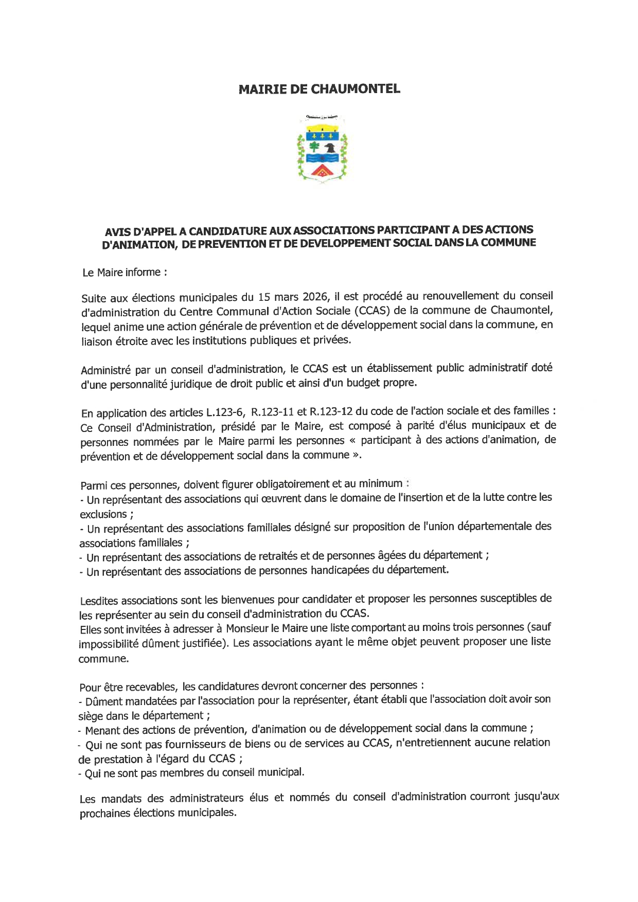 APPEL A CANDIDATURES CENTRE COMMUNAL D’ACTION SOCIALE :