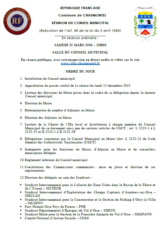 Ordre du jour du Conseil Municipal d&rsquo;installation des nouveaux élus